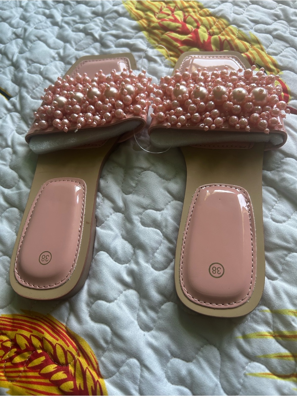 Angel Dear Blush Pink Pearl-Embellished Slide Sandals